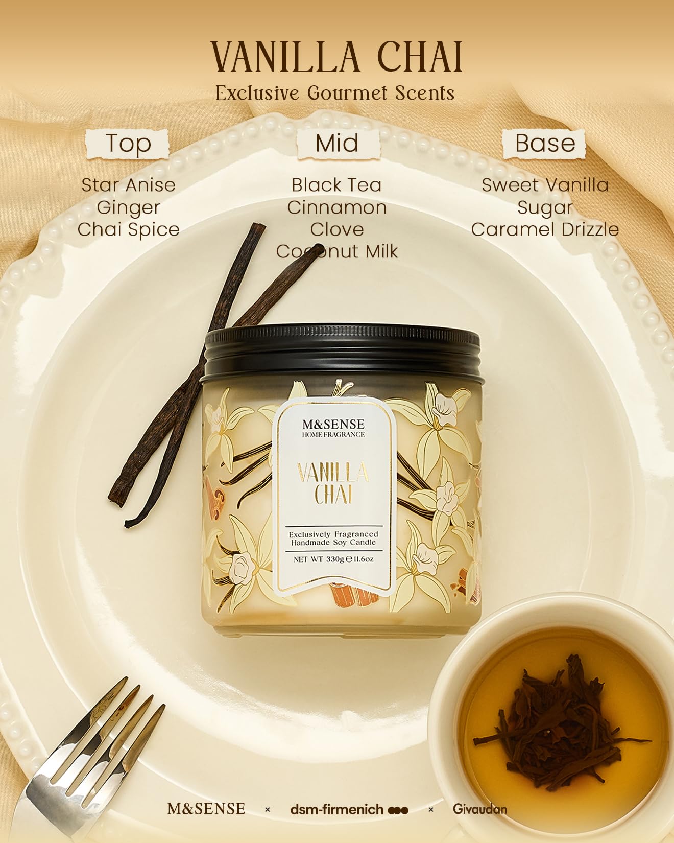 M&SENSE Vanilla Chai Scented Candle, 11.6oz Natural Soy Wax, 70 Hours Long Lasting Clean Burn, Holiday Jar Candle for Home Decor, Non-Toxic Relaxing Aromatherapy Gifts for Women