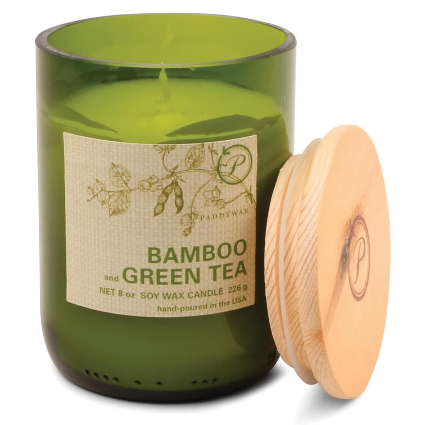 Paddywax Eco Collection Soy Wax Blend Candle in Glass Jar, Bamboo & Green Tea Scent, Green Vessel with Wood Lid, 8 oz