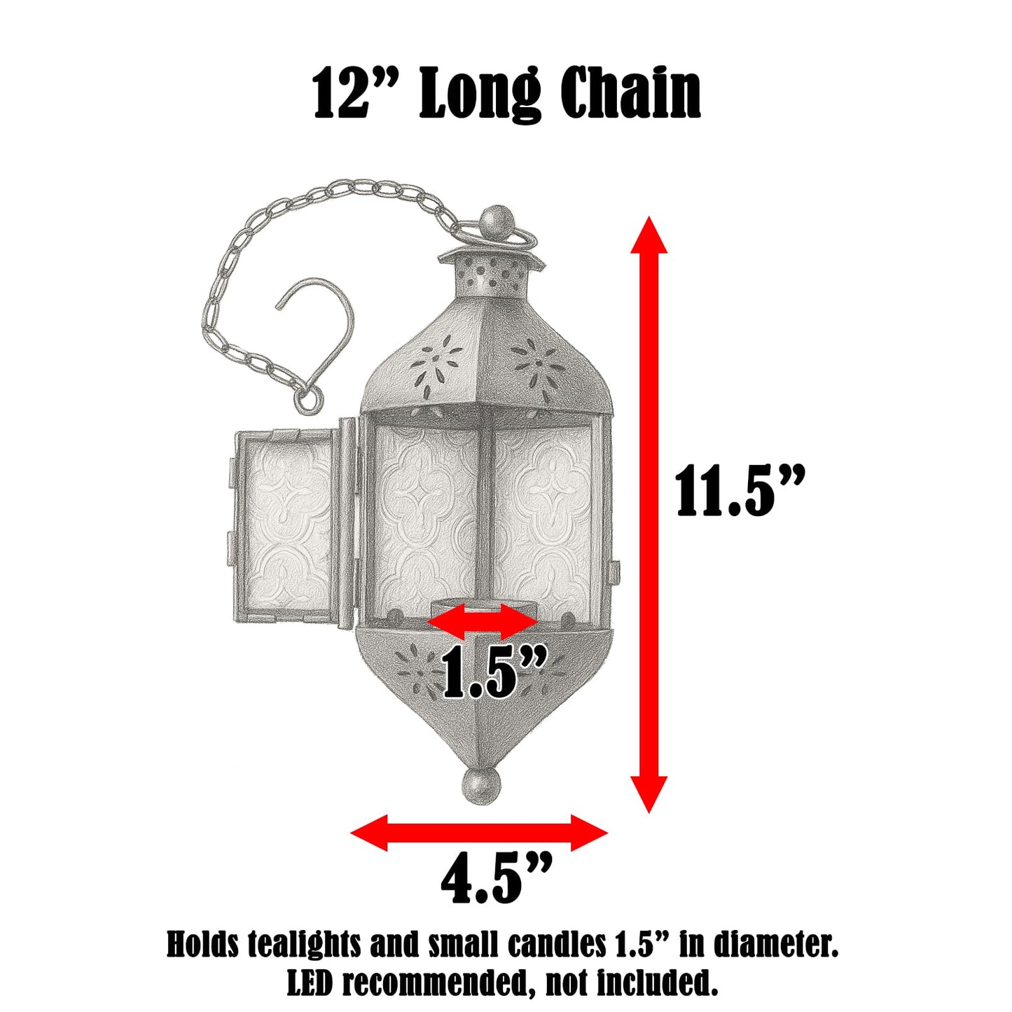 Vela Lanterns Hanging Moroccan Lamp - Exotic Decorative Patio & Porch Decor, Indoor Outdoor Tea Light Candle Lantern Holder with Chain (11" Medium, Gold)