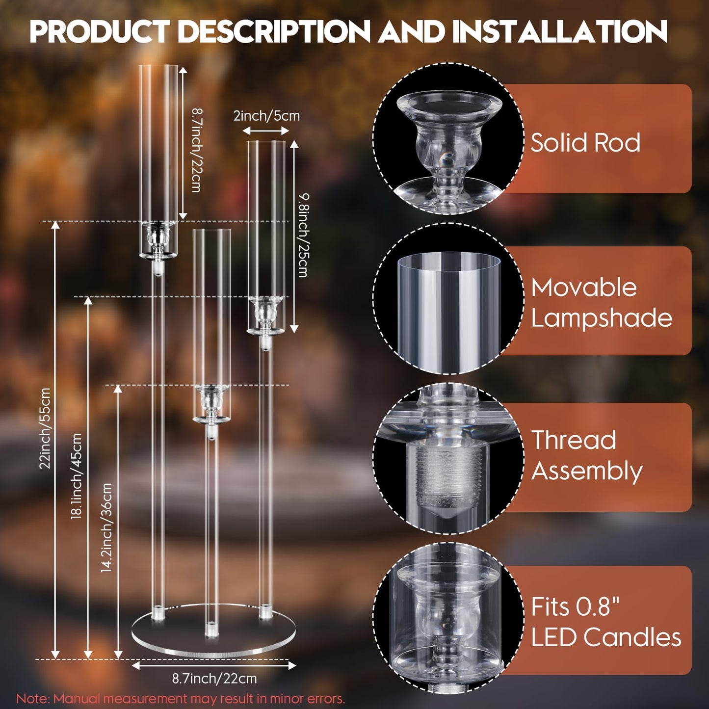 6 Set Acrylic Candelabra Centerpieces for Tables, Mjkeomo 30.7'' Clear Candle Holder 3 Arm Candlesticks Holder with Lampshade for Wedding Fireplace Dinner Party Decor Fit 0.87'' LED Candle
