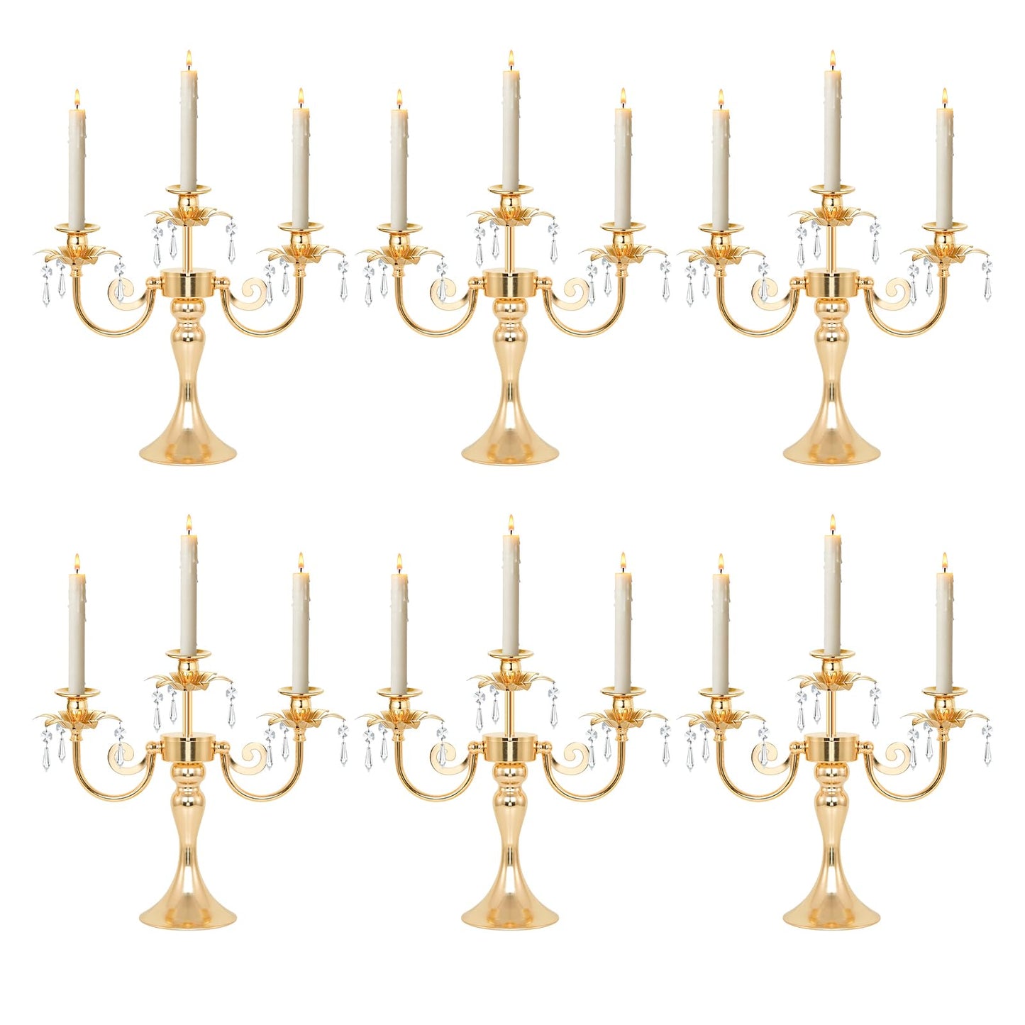 KEHAIL Metal 3 Arm Gold Candelabra with Crystal Pendants - 11.8 Inch Tall Candle Holders, Set of 6 - Elegant Taper Candlestick Stand for Wedding, Dining Table, Party Home Decoration