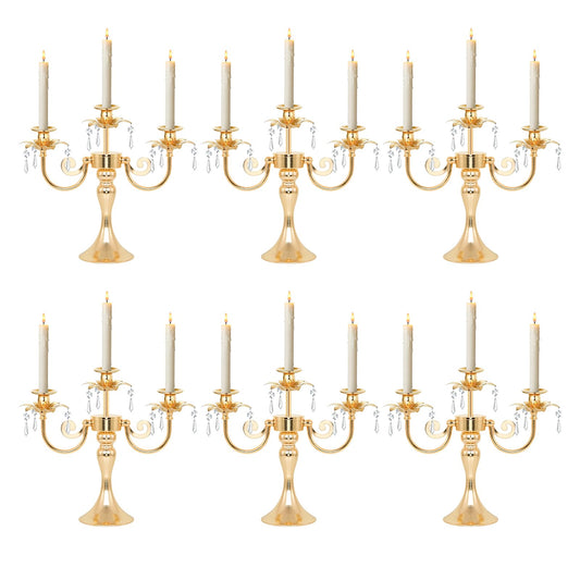 KEHAIL Metal 3 Arm Gold Candelabra with Crystal Pendants - 11.8 Inch Tall Candle Holders, Set of 6 - Elegant Taper Candlestick Stand for Wedding, Dining Table, Party Home Decoration