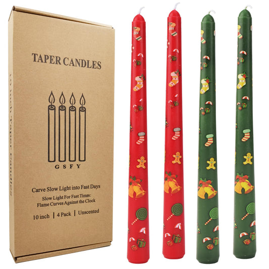 W&LESVAGO 10 Inch Christmas Print Taper Candles Set of 4, Hand-Printed Trees/Bell Patterns, Unscented Long Candlesticks for Dinner Tables & Festive Decorations