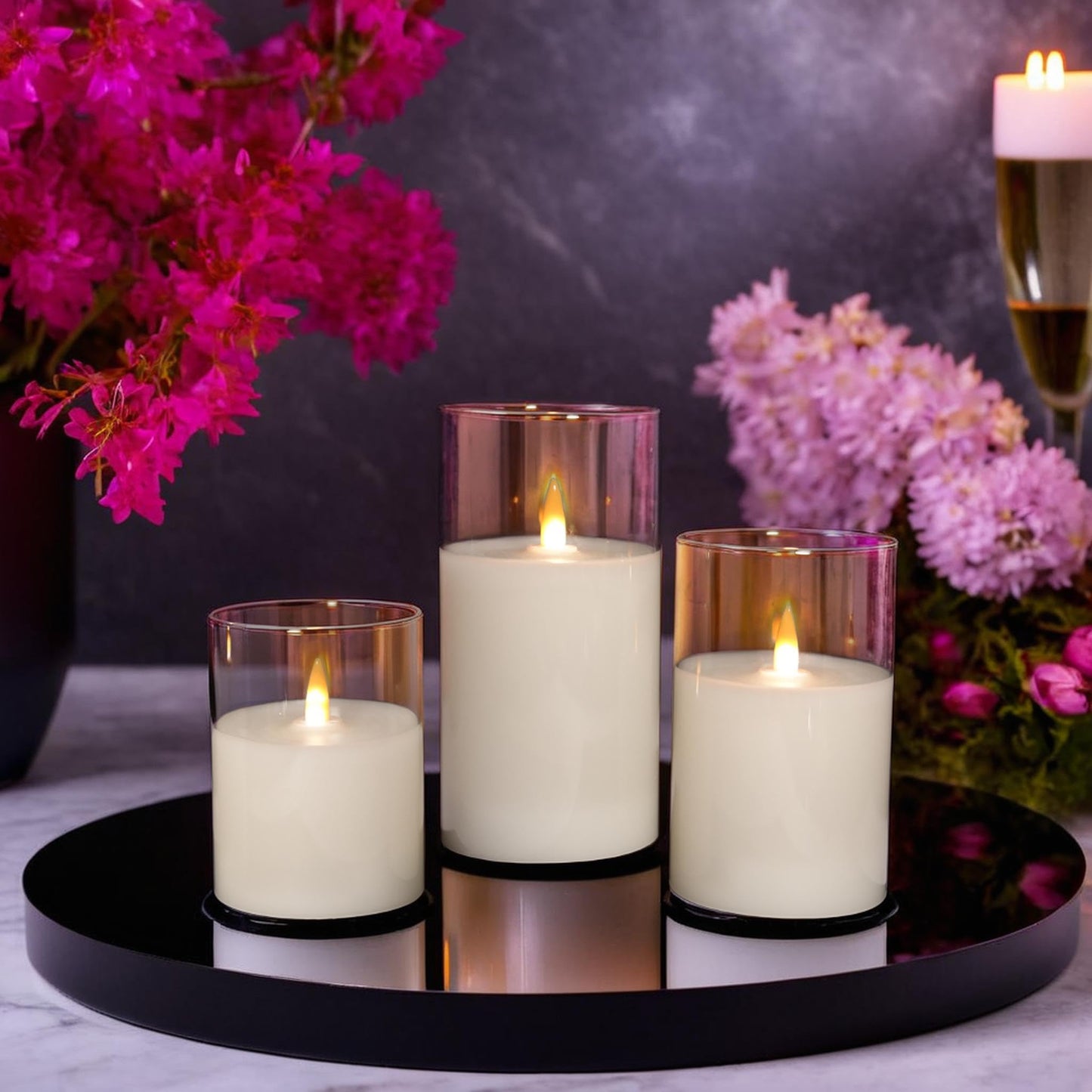 NICEME Clear Glass Flameless Candles Battery Operated with Remote Timer, Real Wax LED Pillar Candles with Flickering Flame Pure White Radiance Evanescing Fake Candles for Wedding Home Decor, Set of 3