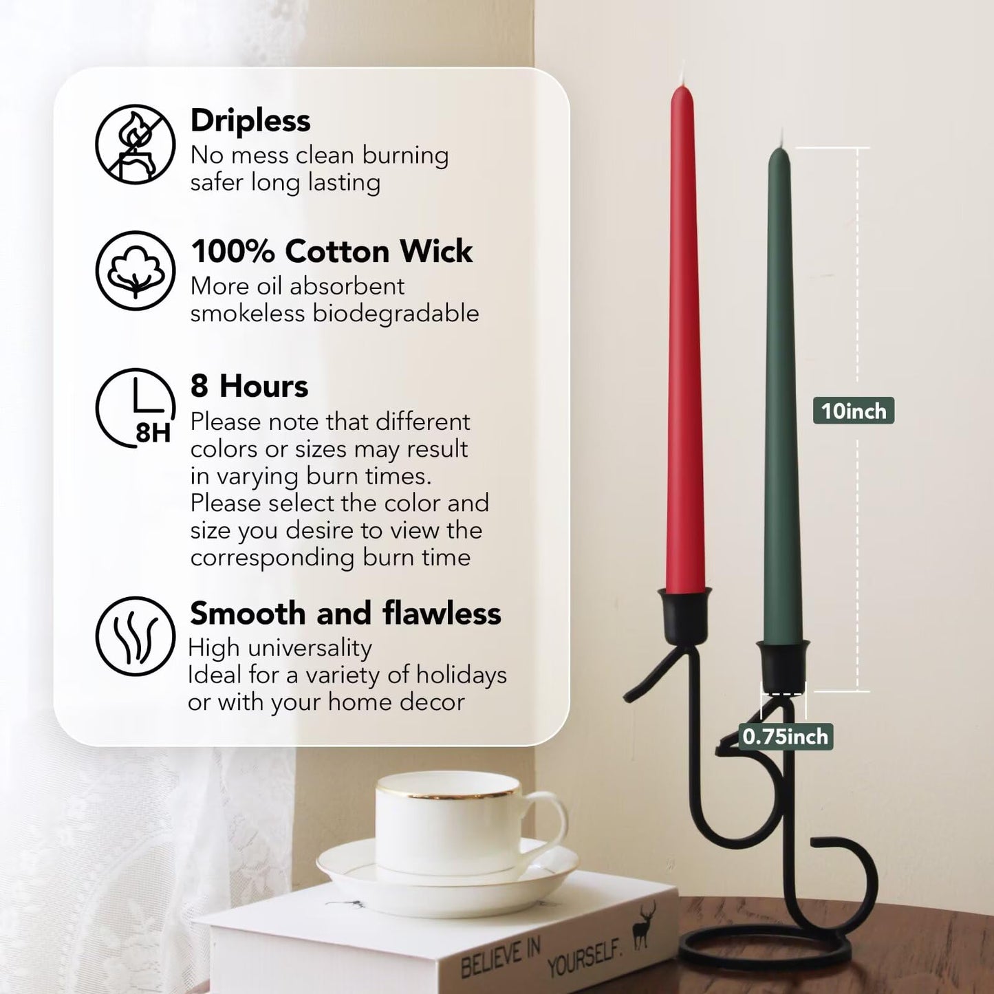 Pickood 10-Inch Unscented Dripless Taper Candles Bulk 30 Pack - Christmas Taper Candles Bulk, for Wedding, Dinner - Smokeless, 6-8 Hour Long Burning - Mixed Candlesticks Bulk - Red and Green