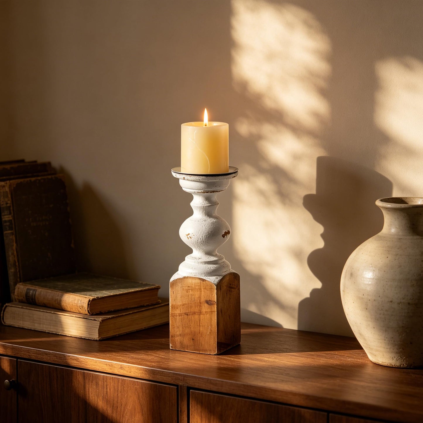 SOFE Wood Farmhouse Candle Holders, 11" Tall White Candle Holders for Pillar Candles, Rustic Candle Stand for Mantel, Coffee Centerpiece Table Decorations, Living Room, Dining Room Decor