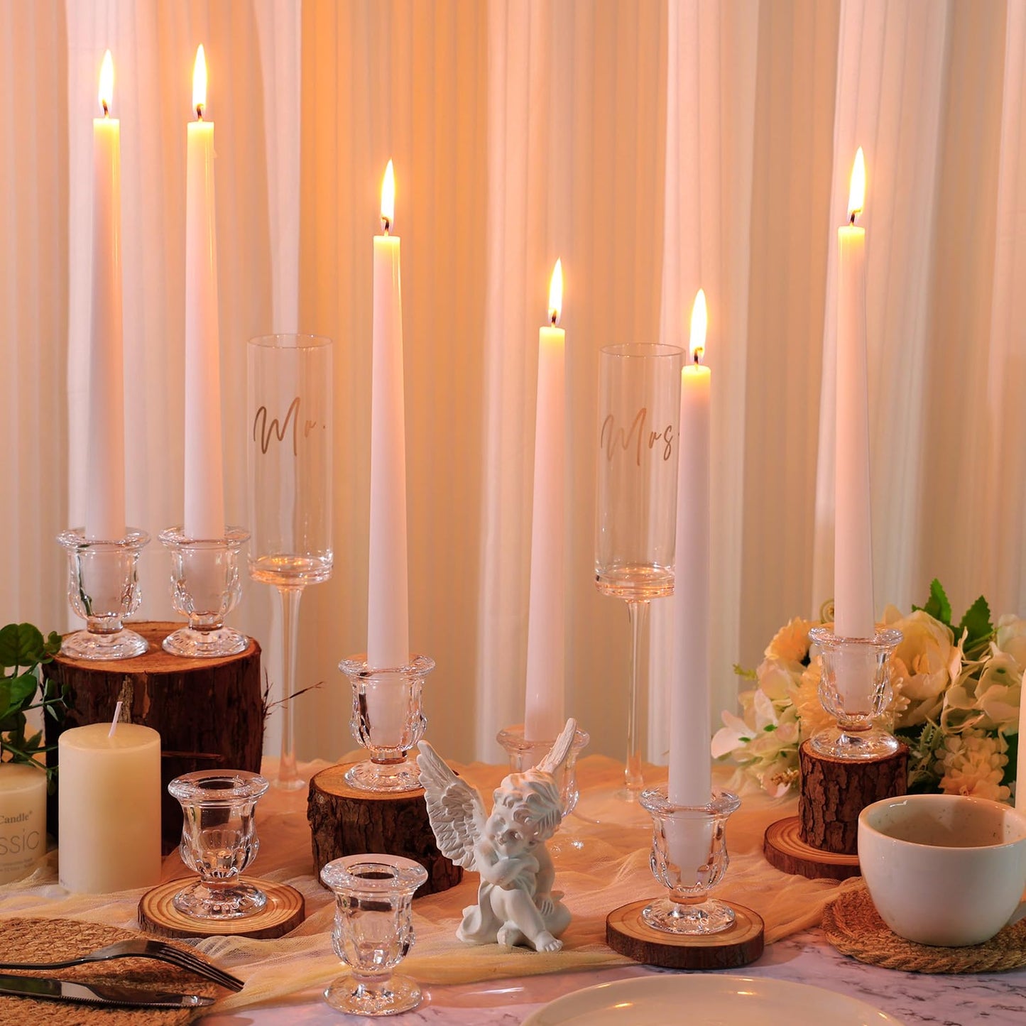 48 Pcs Taper Candlestick Holder Clear Glass Candle Holder with 10 Inch White Candles 8 Hours Burn Time Smokeless Candles for Wedding Table Centerpiece Party Decorations