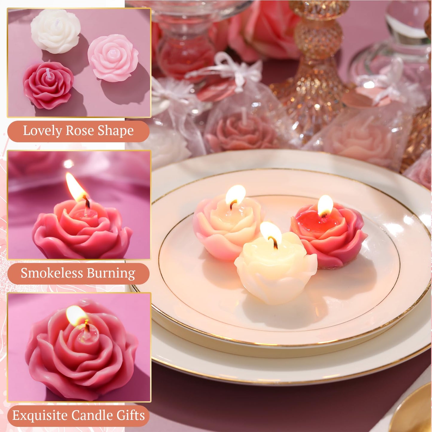 Treela 24 Set Flower Candles Wedding Favor for Guests Mini Dusty Pink Rose Shaped Tealight Candles for Return Gift Wedding Birthday Bridal Shower Housewarming Party