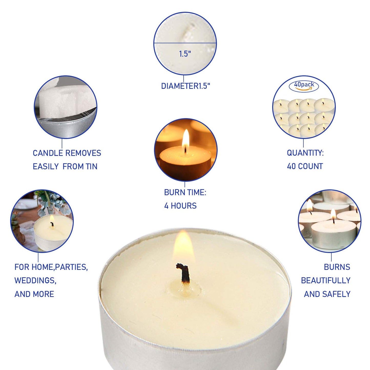 Visen 50Pack Tealight Candles, White, Unscented, Smokeless, Dripless & 6Hours Burn Time Long Burning Paraffin Tea Lights Candles for Home, Romantic Decor, Pool, Shabbat, Weddings & Emergencies