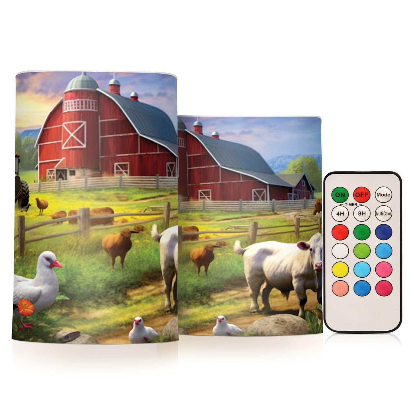 GOODOLD Flameless Candles with Remote Control and Timer, Farm Animals Pattern Flickering Candles Battery Operated LED Pillar Candles, Warm Light for Home Decor, Set of 2 (D 3" x H 4" 5")