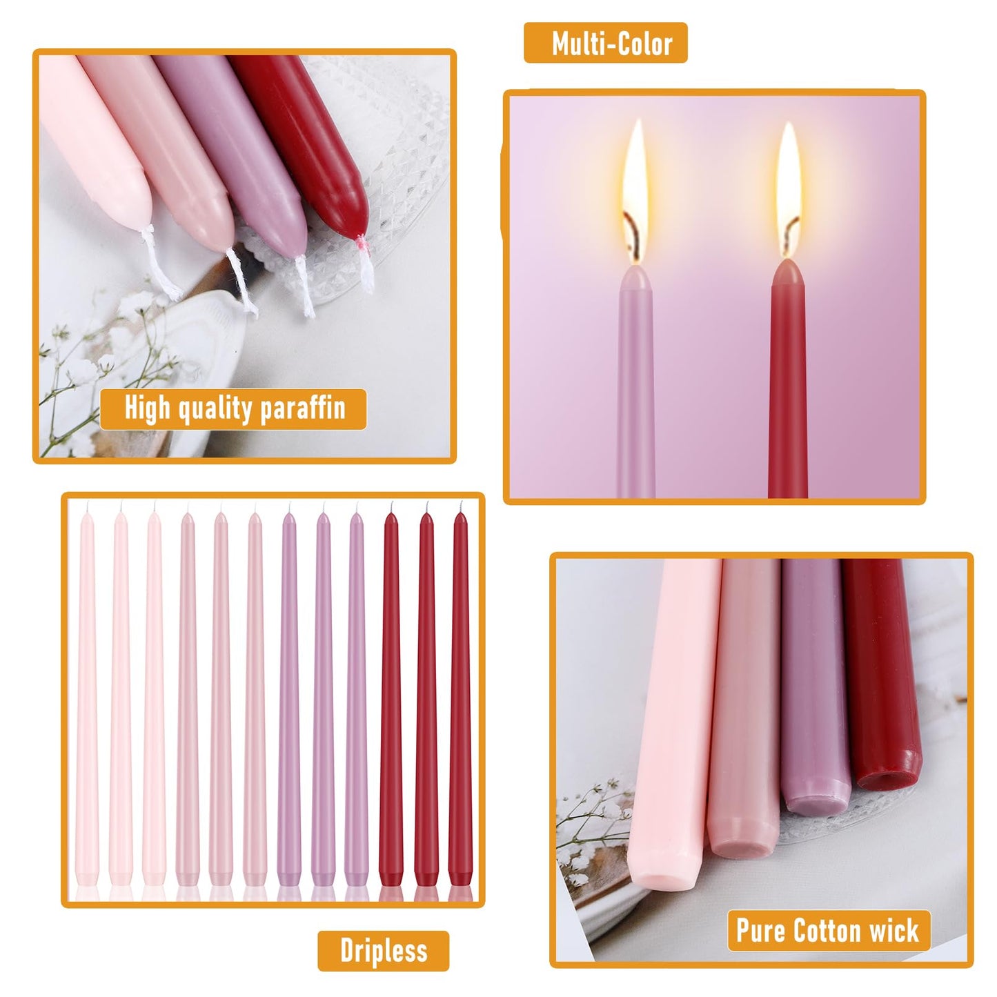 PUREZON 12 Pack Pink Taper Candles, 10 inch Unscented Candlesticks, Smokeless, Dripless, Long Tall Tapered Candles, for Wedding, Dinner, Party, Home Decor, 8 Hour Burn Time (Gradient Pink)