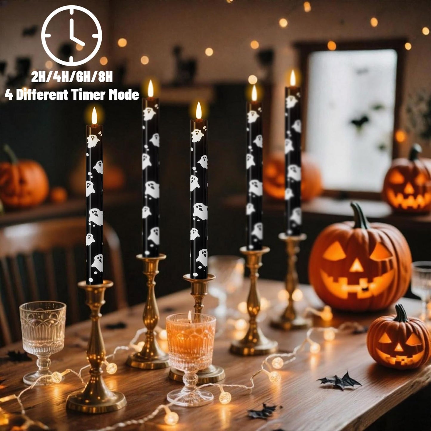 Wondise Black Halloween Flameless Taper Candles with Remote & Timer, Halloween Battery Operated Ghost Candles Waxy with 3D Wick Flickering for Halloween Decorations