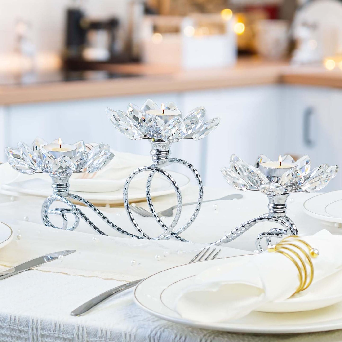 2Pcs Siver Kehail Crystal Metal Tea Light Candle Holder Set, 3-Arm Flower Shaped Crystal Votive Candlestick Holders for Table Centerpiece, Wedding Shower, Party and Home Decor