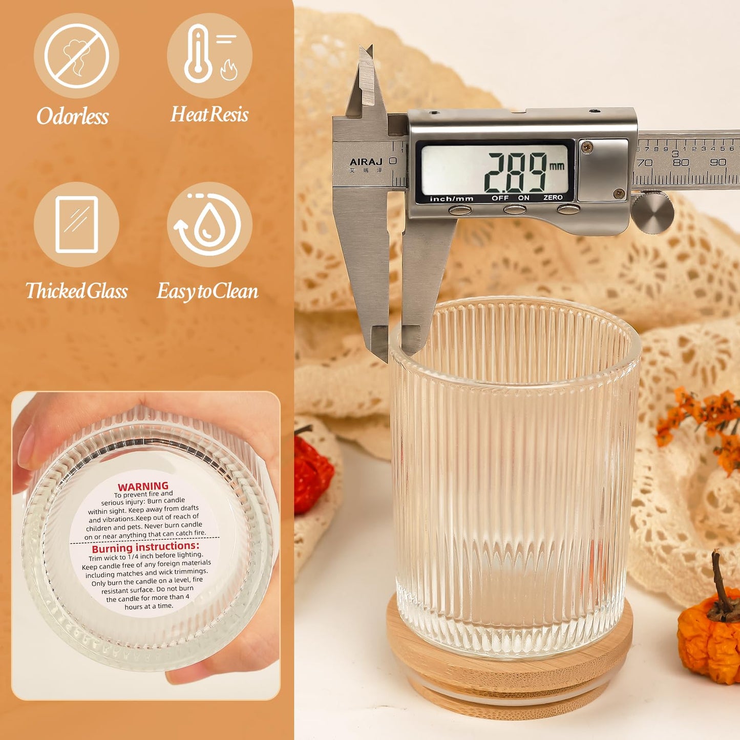 CONNOO 16 Pack 7 OZ Thick Ribbed Glass Candle Jars for Making Candles with Airtight Bamboo Lids, Wicks & Stickers, for DIY Candle Making, Bulk Orders, Gifts & Home Décor, Clear