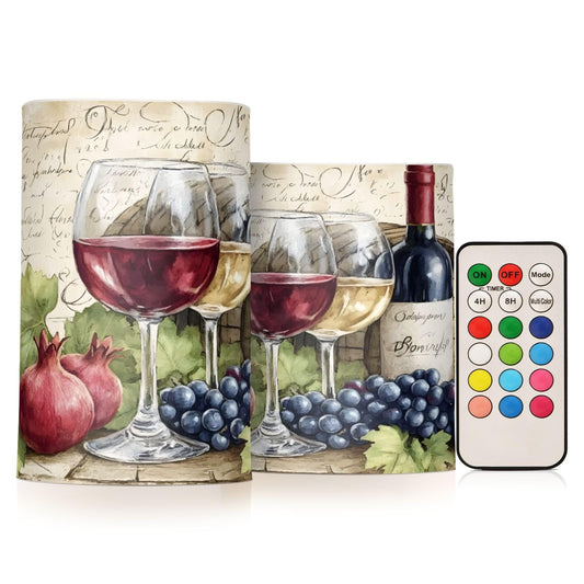 ALAZA Flickering Flameless Candles Red Wine Glasses with Grape B Battery Operated Candles with Remote Timer LED Pillar Votive Candles Set of 2 for Holiday Decor