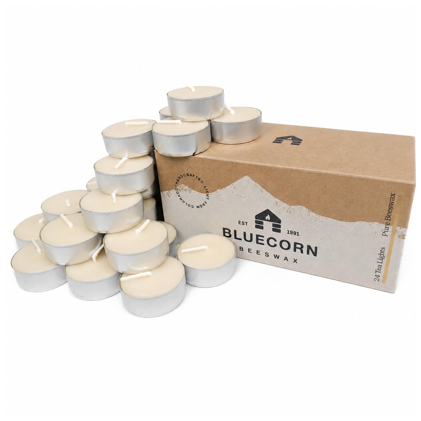 Bluecorn Beeswax Tea Light Candles, 100% Pure Natural Bees Wax, White Tea Lights in Metal Cups, Fragrance Free, Paraffin & Soy Free Candle Wax, Clean Burning, Long Lasting, American Made, 24 Pack