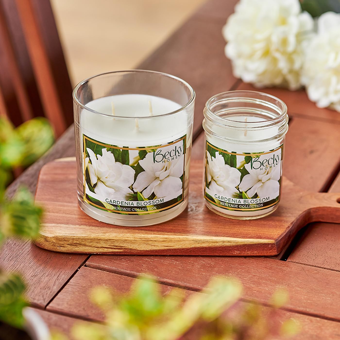 Becky Home Gardenia Blossom 3 Wick Candle, 14.5oz, Large, Traditional, White, Glass Jar, 4" H x 4" D, 60+ Hour Burn Time, Indoor Use, 1 Count