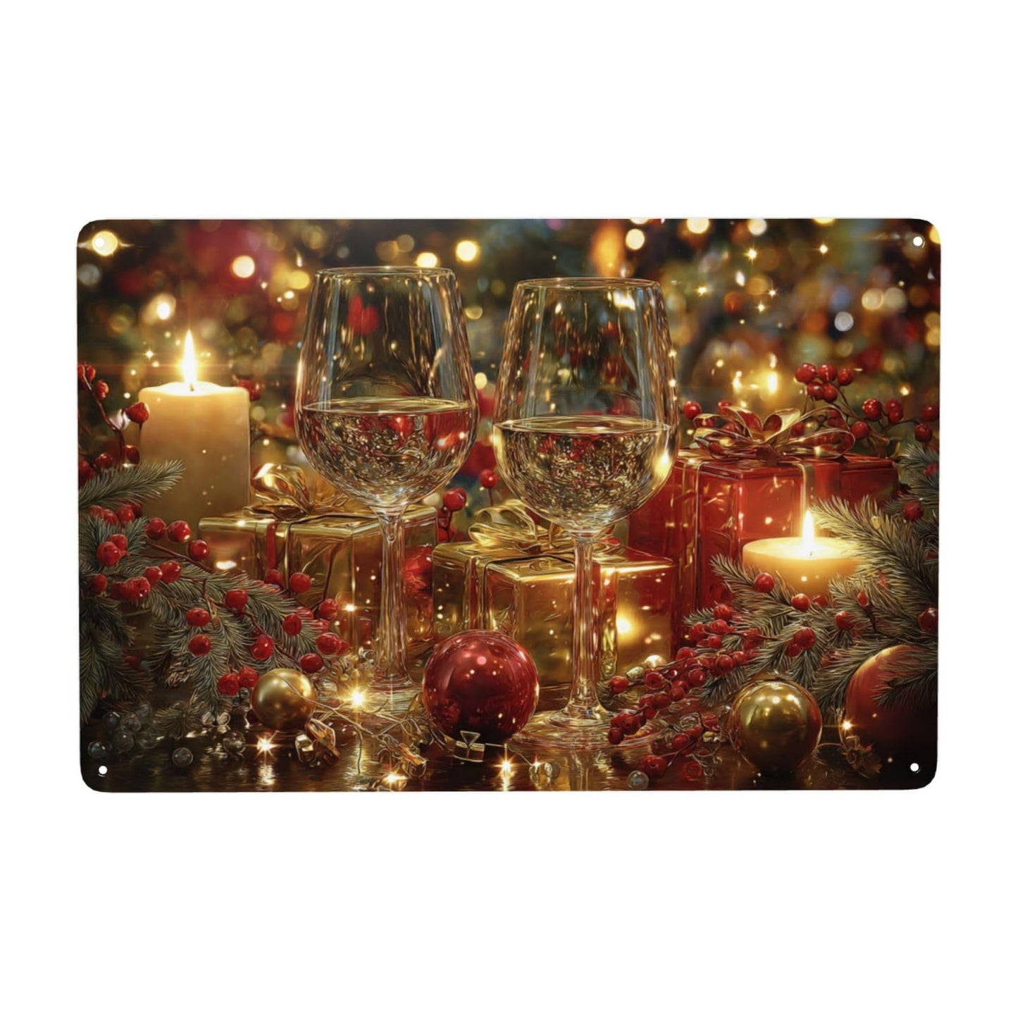 MA6GE8DE Festive Wine Glasses With Candles, Red Berries, Gold Gifts, Sparkling Bokeh, 6x8 Inch Metal Tin Plaque Sign, Ideal For Living Room And Kitchen Restaurant,Create A Festive Atmosphere