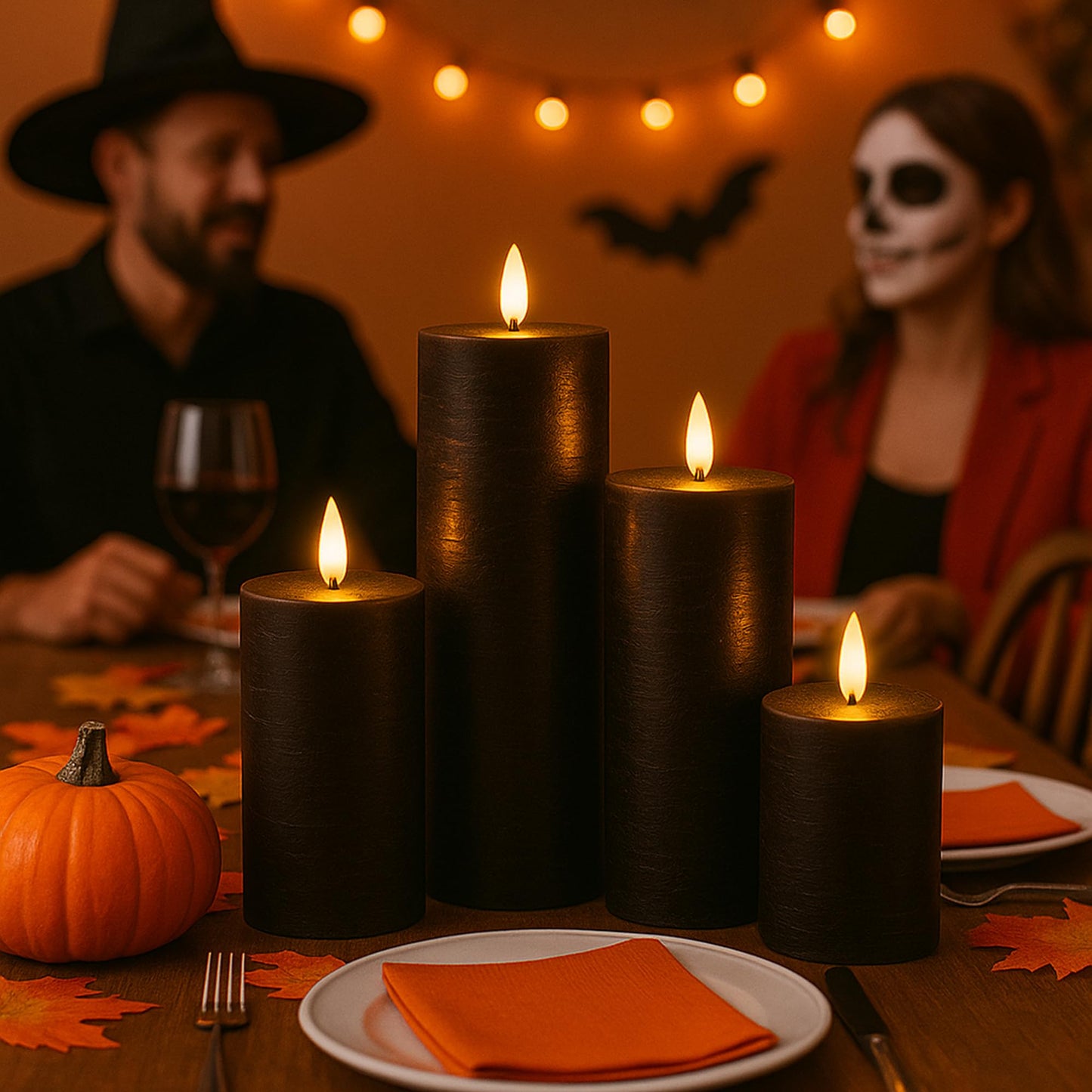LUSHARBOR Halloween Flameless Candles, 4 Pack Battery Operated Halloween Candles with Remote, Wax LED Fake Pillar Candles Fireplace/Shelf Decor D3 H 5" 6" 7" 9" Black