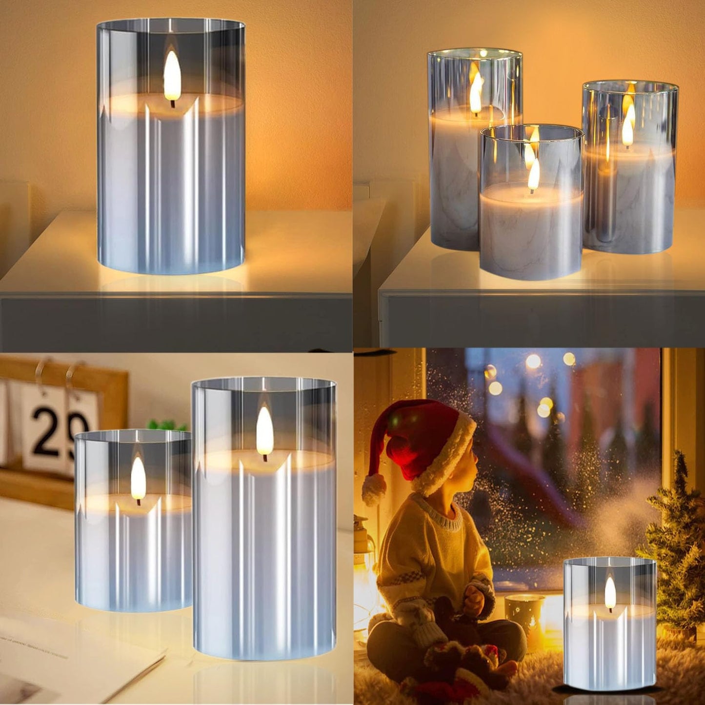 GPTMCZL Remotely Glass Battery Operated Candles, Grey Led Flameless Candles, with Remote and Timer Realistic Operation of LED Candle Light, Used for Party, Wedding, Festival Decoration(Pack of 3)