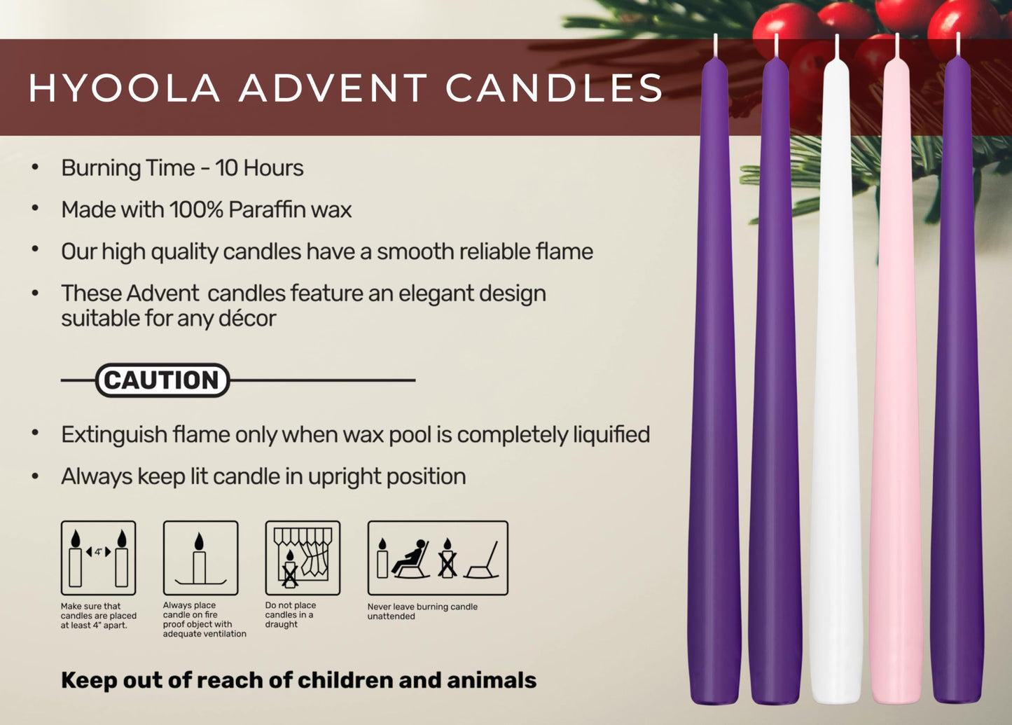Hyoola Advent Candles Set of 4 - Made in Europe Christmas Advent Candle Set - 12 inch Advent Wreath Candles