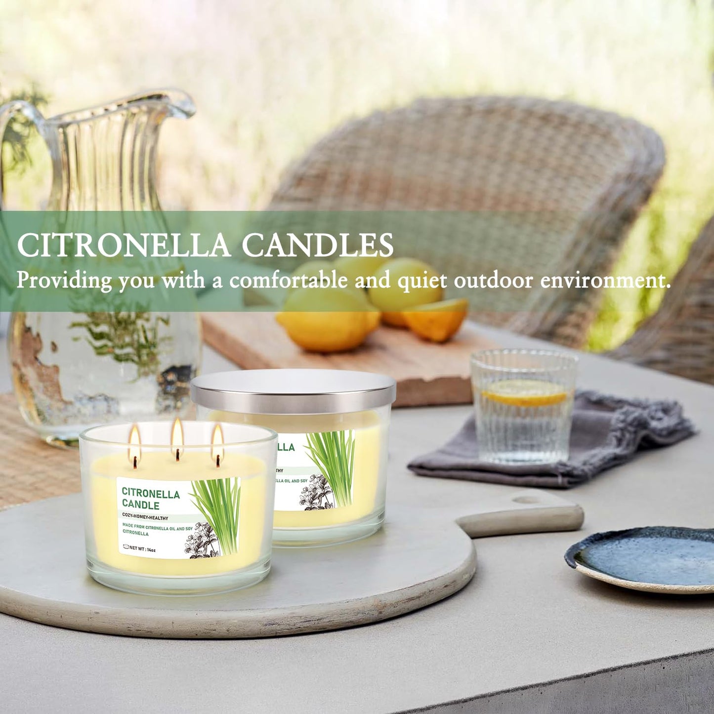 Citronella Candle Outdoor 2-Pack - 14oz Each 3-Wick Candles in Clear Glass Jars, Made with Citronella Oil & Soy Wax for Patio, Camping, Backyard, Emergency & Outdoor Ambiance.