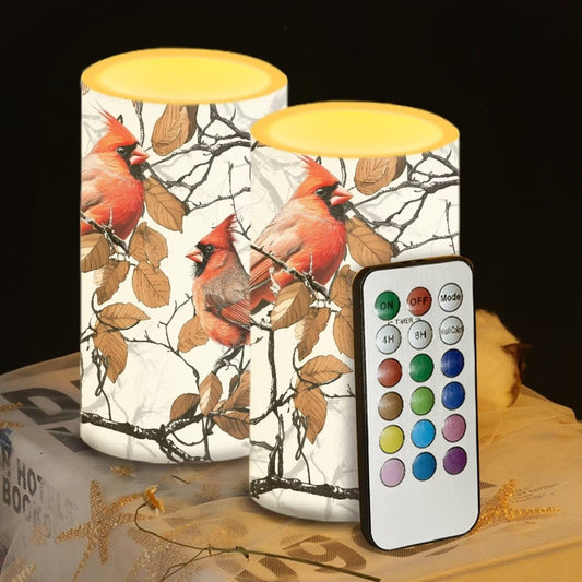 Luarisgur Cardinal Tree Flameless Candles 2 Pack 6 x 3 inch Battery Operated Candles with Multicolor Timer Remote Control LED Fake Candles for Warm Light Dinner Table Home Decor