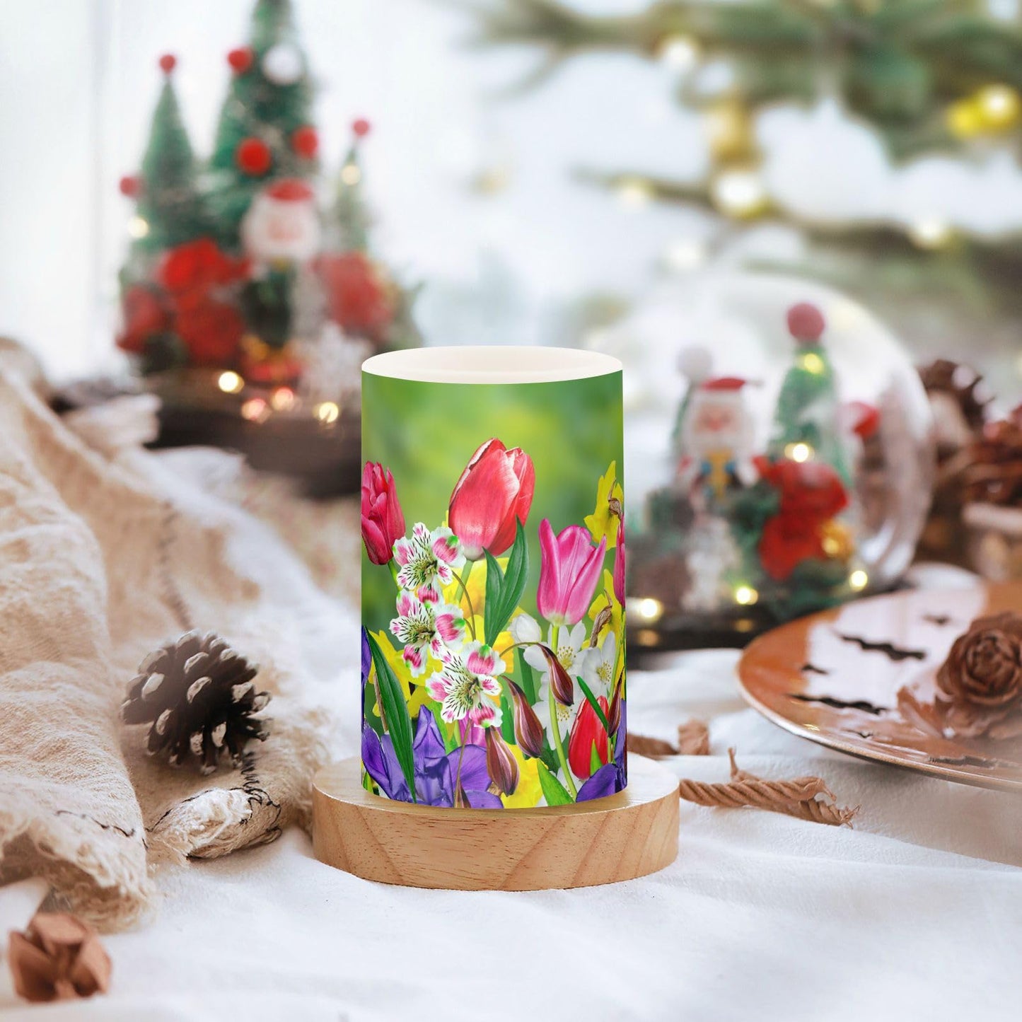 Eionryn Spring Flowers Daffodil Tulips Flameless Candles Summer Floral Sunrise Battery Operated LED Candles with Remote Timer Electric Candles for Home Party Decor 2pcs