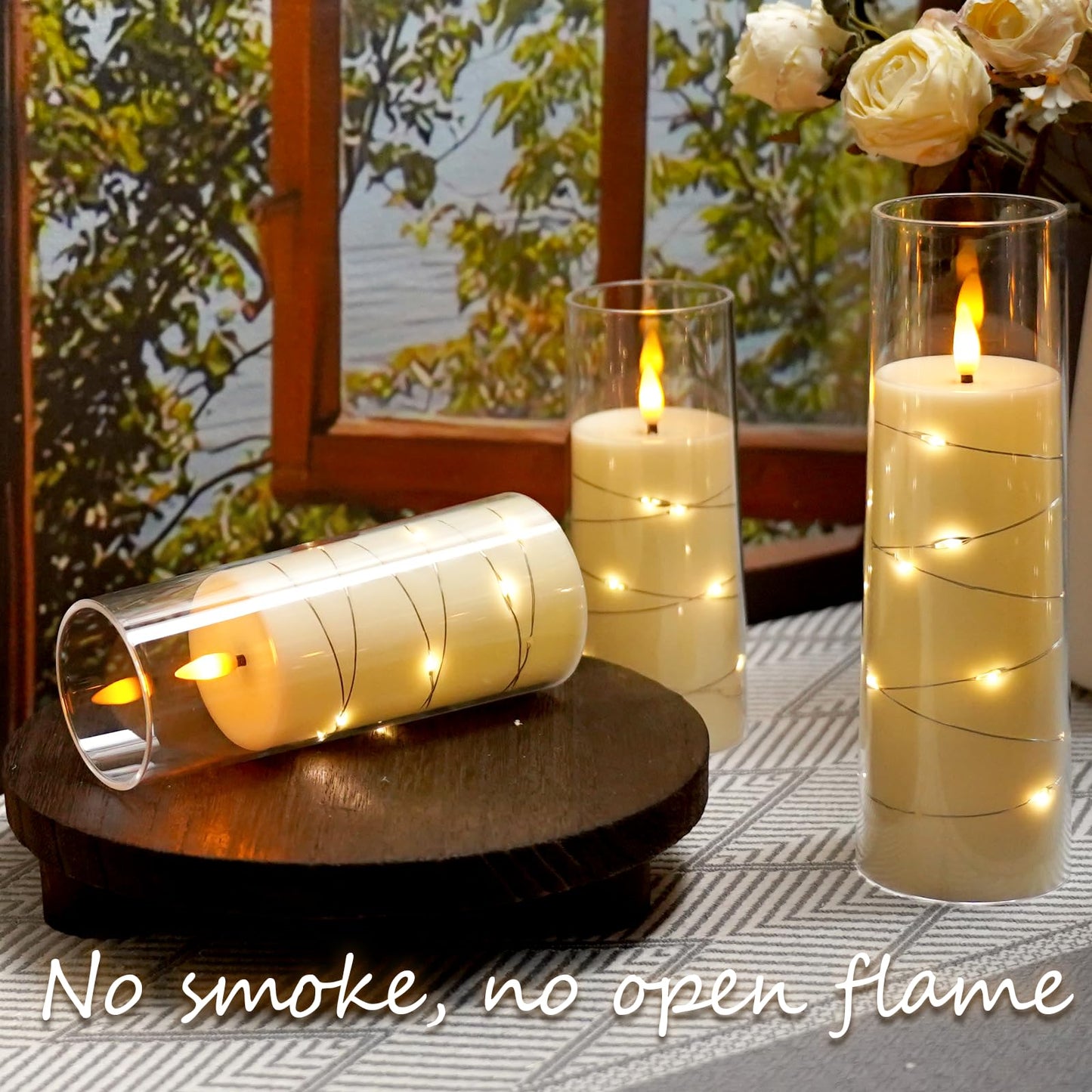kakoya Flameless LED Candles with Timer 9 Pc Flickering Flameless Candles for Romantic Ambiance and Home Decoration Stable Acrylic Shell,with Embedded Star String，Battery Operated Candles（Ivory）
