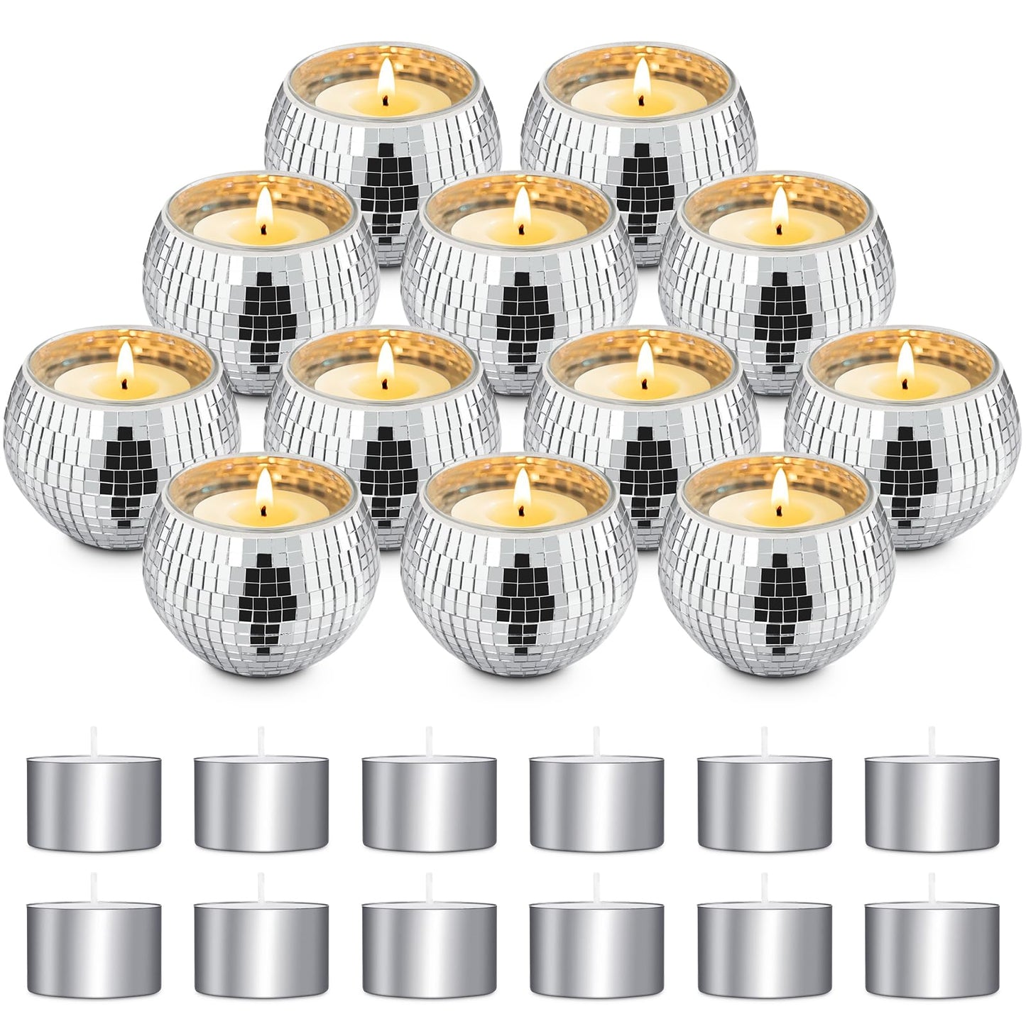 Luditek Disco Ball Candle Holders, 12 Pcs Mirror Silver Decor for Christmas Birthday Wedding NYE Party Decorations, Glass Votive with Tealights for Home Table Centerpiece, Gifts for Women
