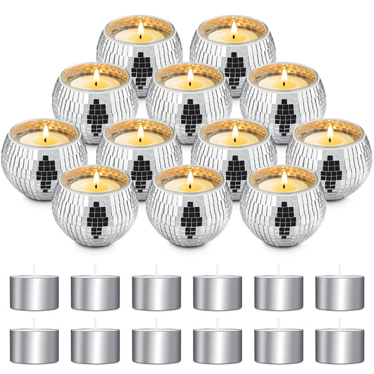 Luditek Disco Ball Candle Holders, 12 Pcs Mirror Silver Decor for Christmas Birthday Wedding NYE Party Decorations, Glass Votive with Tealights for Home Table Centerpiece, Gifts for Women