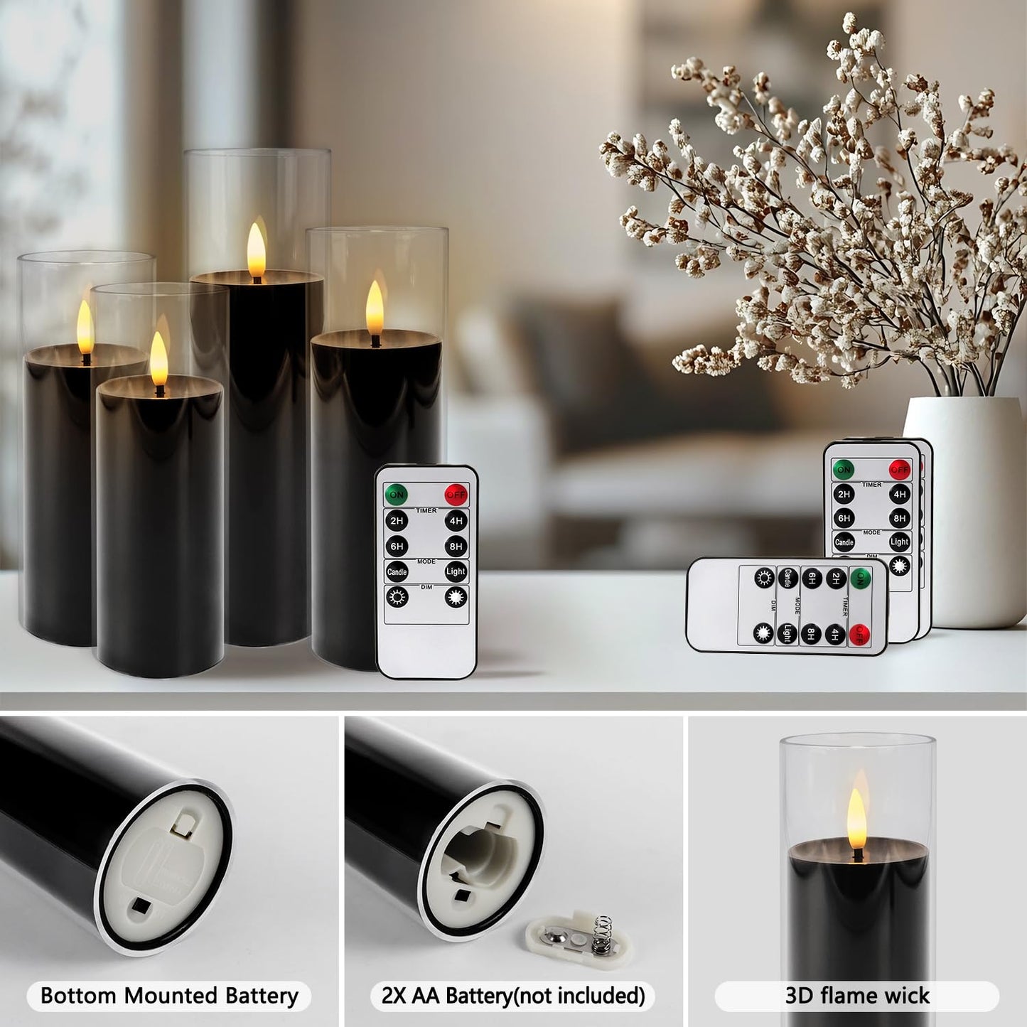 fclayvts 24Pack Black Flickering Flameless LED Candles with Remote & Timer, Small Pillar Acrylic LED Candles Perfect for Indoor/Outdoor Decor,Wedding,BBQ and Gift - Easily Create a Magical Atmosphere.