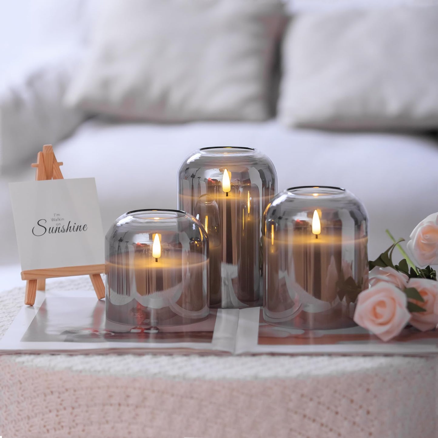 volnyus Grey Glass Flameless Candles with Remote Set of 3 Battery Operated Flickering LED Pillar Candles Real Wax Wick Φ 4"" H 4"" 5"" 6"", Gray