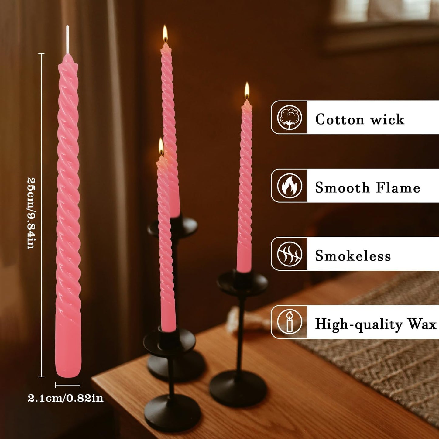 WPONSZU 10 Inch Pink Spiral Taper Candle Set of 12 Pack Unscented Dripless Candlesticks for Valentine's Day,Dinner,Party,Brithday,Wedding,Christmas,and Home Decoration