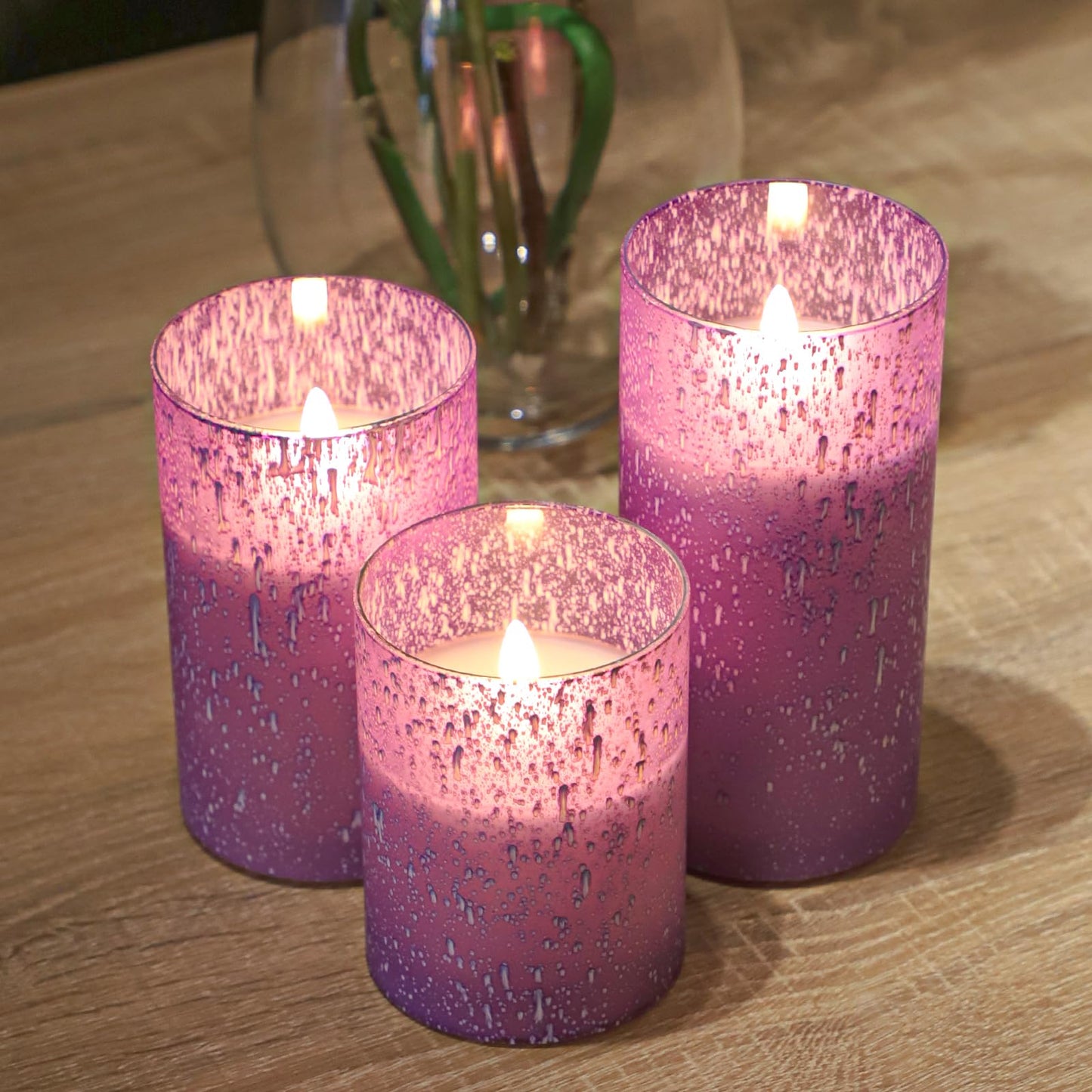 HJANDHJ Purple Flameless Candles with Remote, Flickering Battery Operated Candles with Timer, Set of 3 LED Pillar Candles for Outdoor Indoor Wedding Home Party Decor