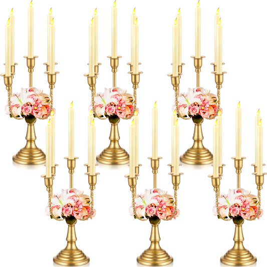 Rtteri 6 Pcs Gold Candelabra Candlestick Holder Metal Candle Stand Candelabra for Taper Candles Table Centerpieces Wedding Christmas Holiday Birthday Party (11.8 x 9.45 x 4.1 Inch,5 Arm)