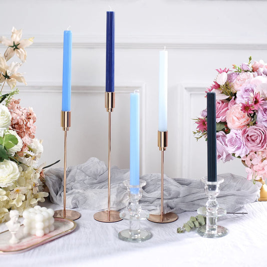 Tableclothsfactory 5 Pack | 9" Assorted Blue Premium Unscented Ribbed Wick Taper Candles, Tall Ribbon Wax Dinner Candles