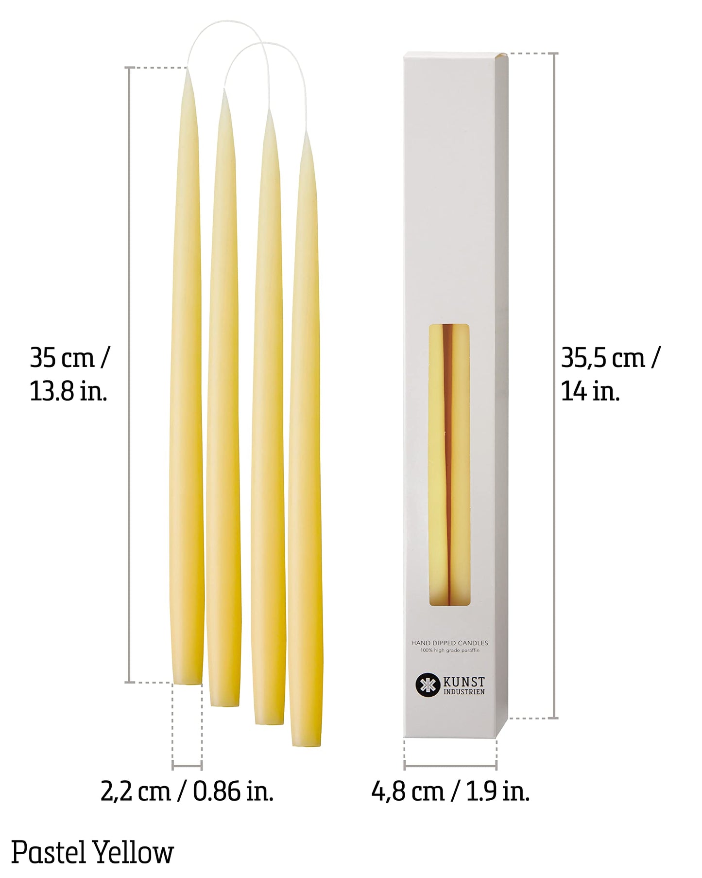 Kunstindustrien® Taper Candles, Set of 4, 13.8" – Made in Denmark, Long Burning Candles 15h, Unscented & Smokeless Candlesticks – Elegant Tall Candles for Weddings Dinners & Home Decor (Pastel Yellow)