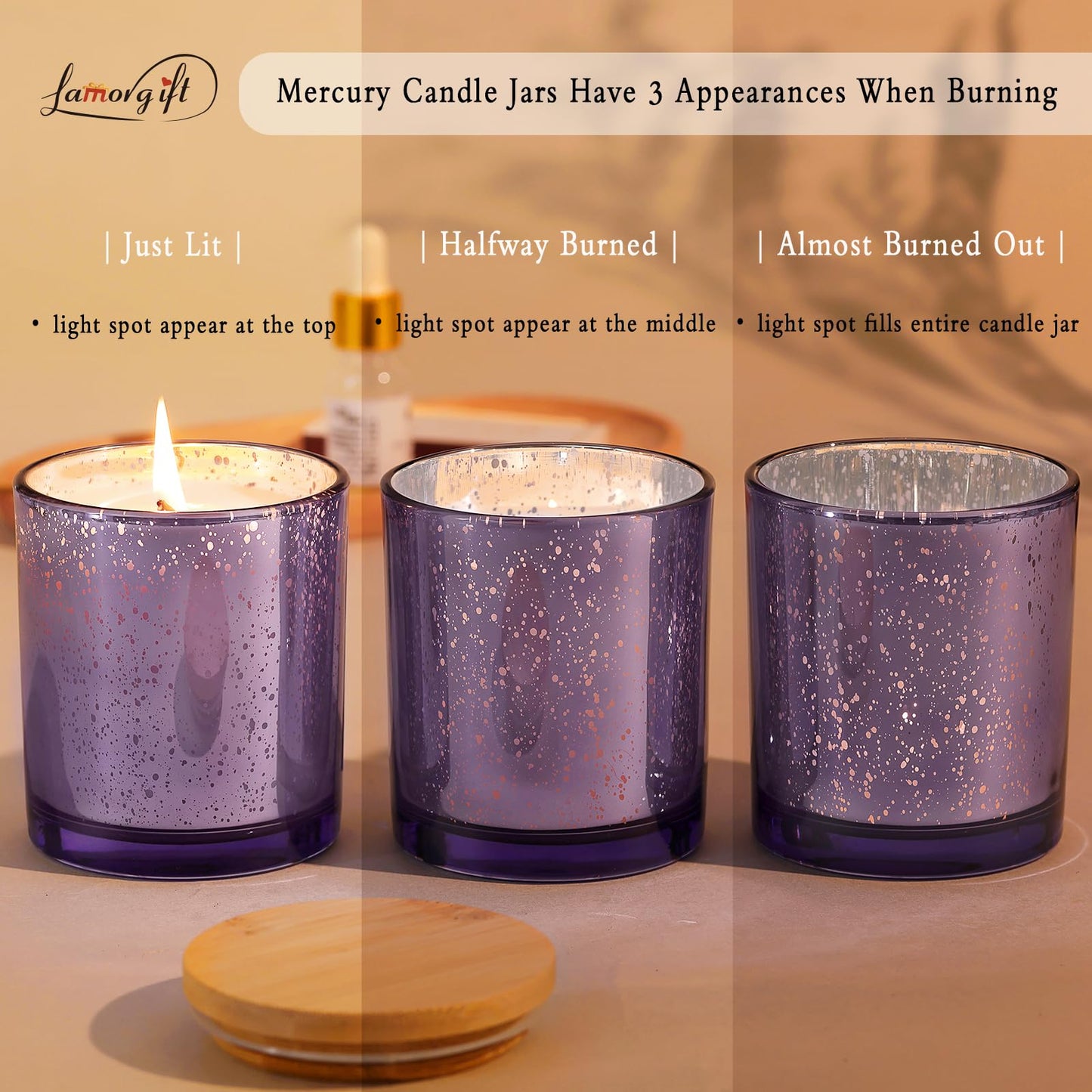 LAMORGIFT 12 Pack Glass Jars with Lids (10oz, Purple) - Making Containers for Candles - Mercury Glass Jars Include 15 Pcs Labels