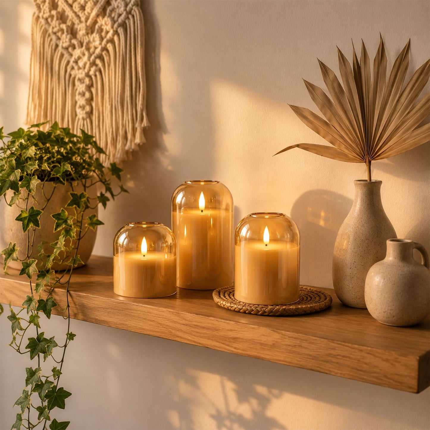 ARIKJ Amber Glass Flameless Candles with Remote, 3-Pack LED Pillar Candles for Classy Fall Decor, Modern Aesthetic Room, Thanksgiving Centerpiece, Boho Shelf, Mantel & Coffee Table