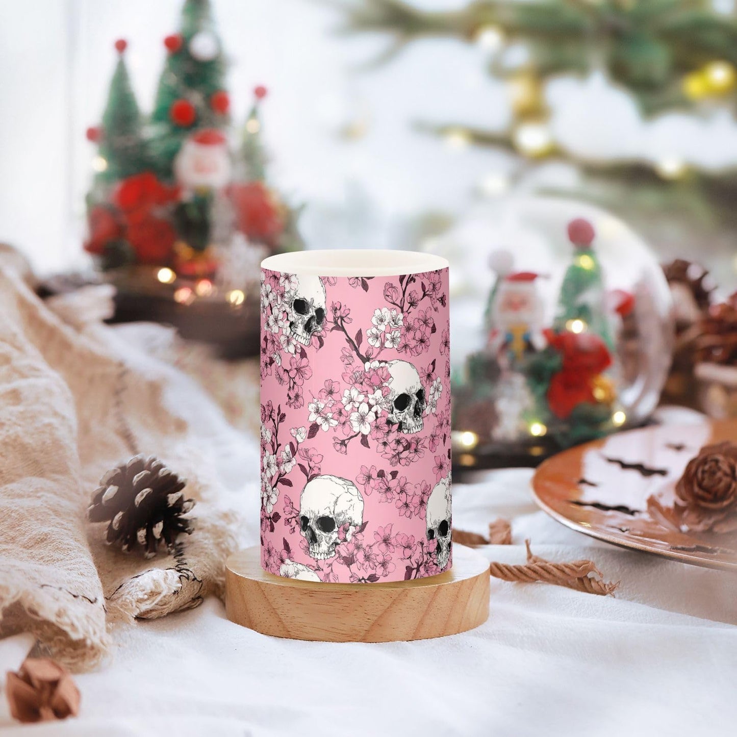Pigsaly Flameless Candles Battery Operated Pink Cherry Blossoms White Skulls Flickering Led Pillar Candles with Remote Control Colour Changing Warm Light Candles for Halloween Christmas Wedding