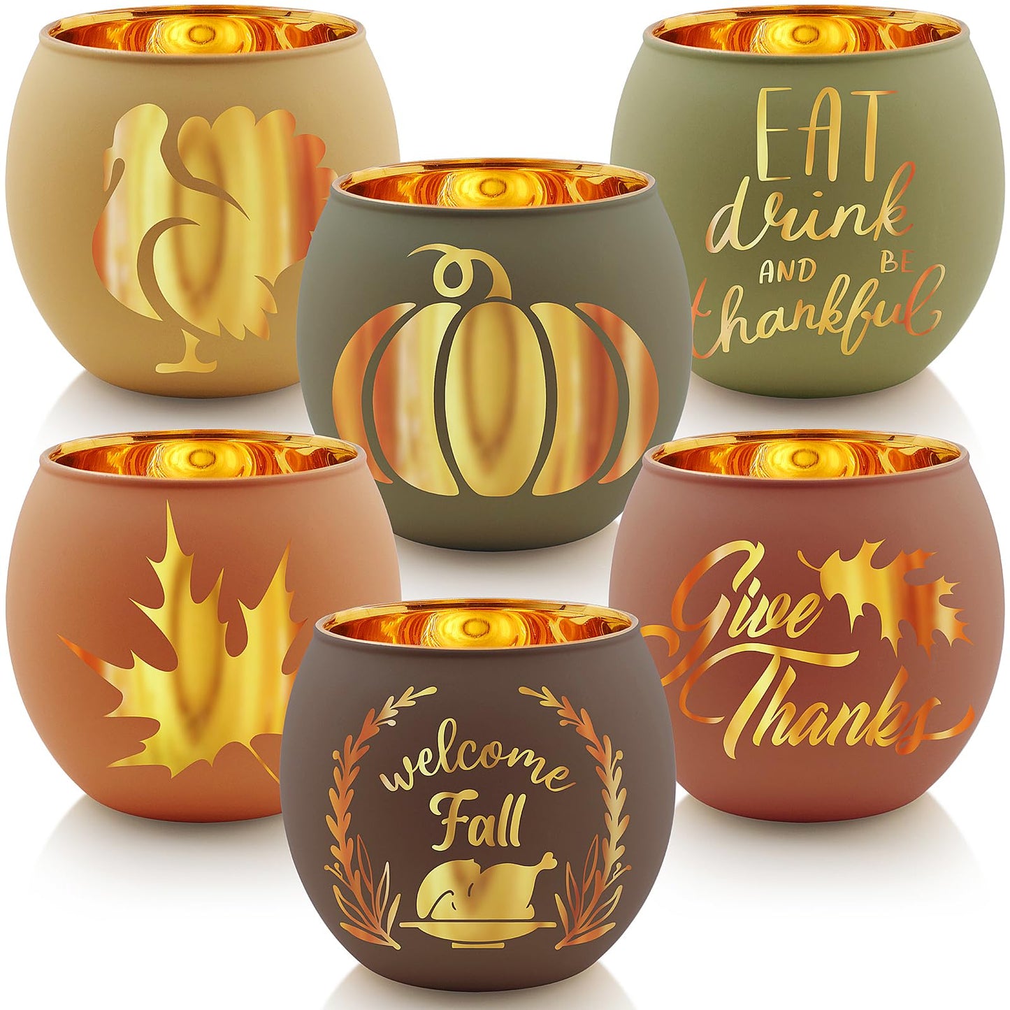 Thanksgiving Votive Candle Holder Set of 6, Glass Votives Holder with 6 Laser Engraving Patterns, Tealight Holders Bulk for Fall Table Centerpiece Decor
