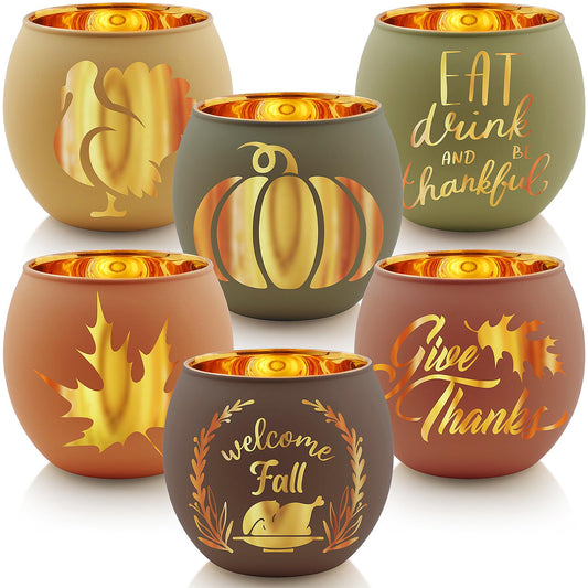 Thanksgiving Votive Candle Holder Set of 6, Glass Votives Holder with 6 Laser Engraving Patterns, Tealight Holders Bulk for Fall Table Centerpiece Decor