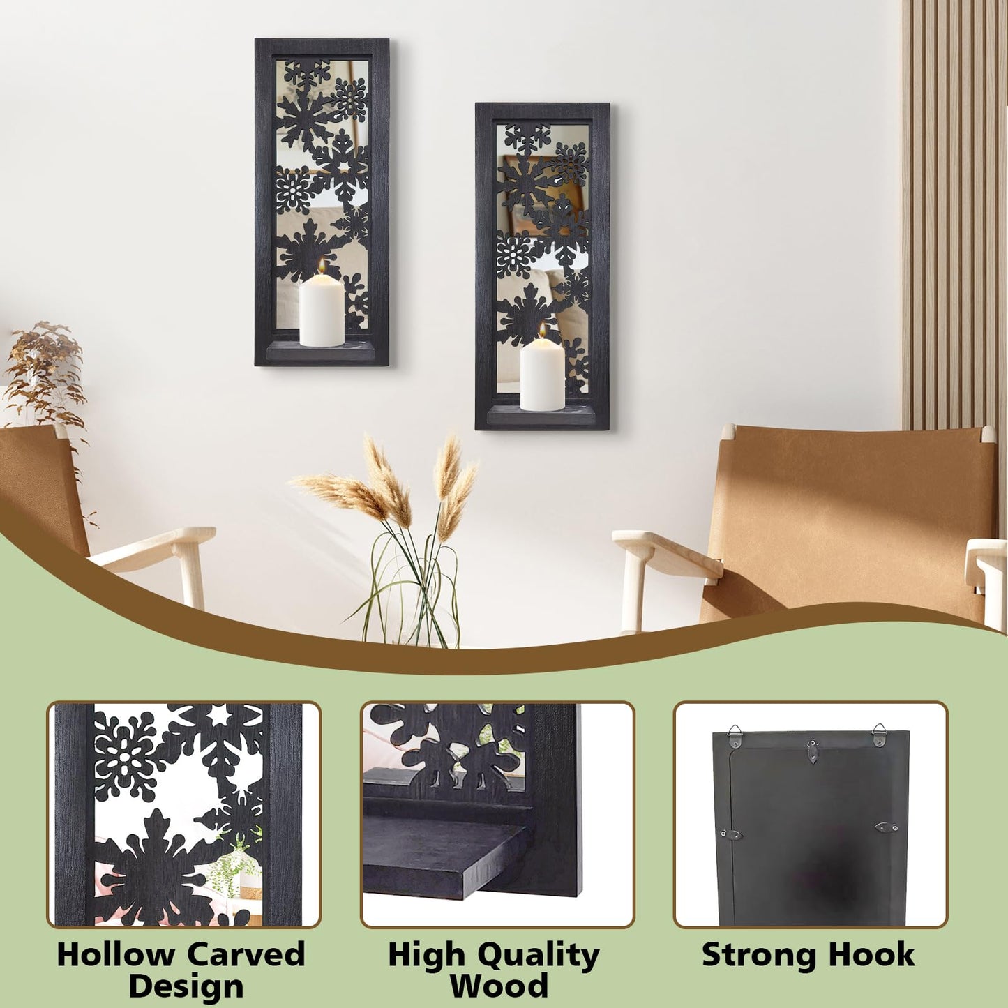 ZEXUIRU 2 Set Rustic Candle Sconces Living Room Bedroom Entryway Wood Mirrored, Farmhouse, Carved Frame Wall-Mount Wooden Candle Holders Wall Decor Hanging Handmade Holder - Black