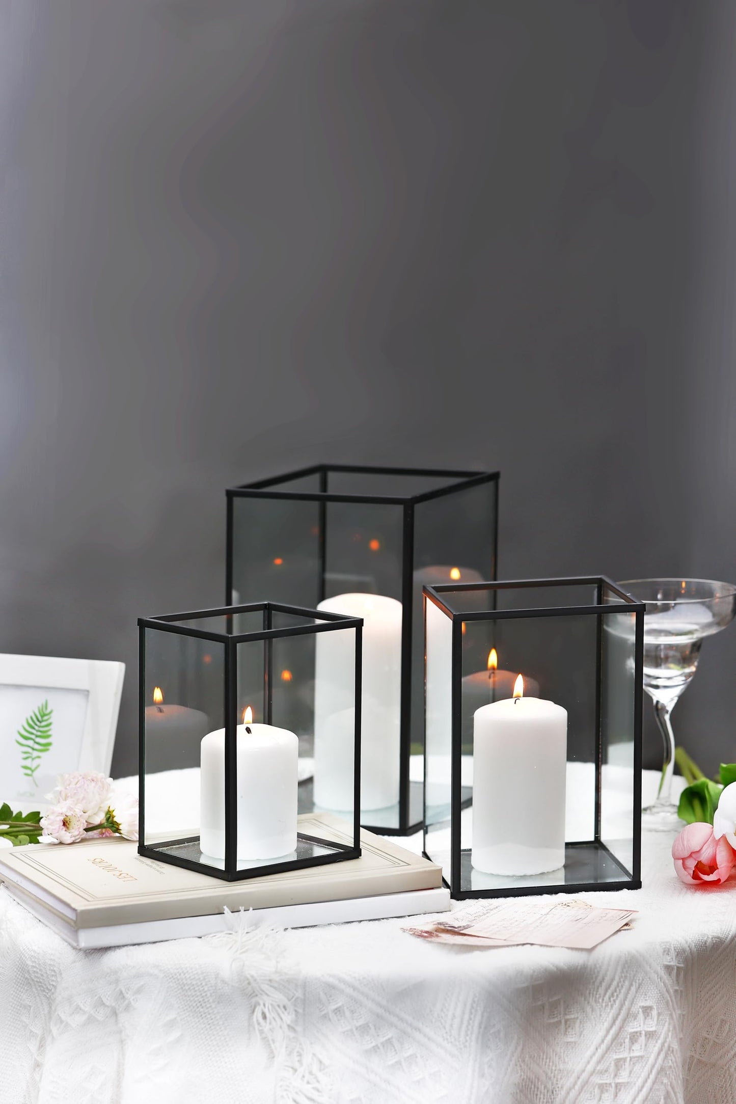 PHOSPHOR Hurricane Glass Candle Holder Set of 3 Pieces Black Hurricane Candleholders for Wedding Party Holiday Birthday Home Decor Lanter