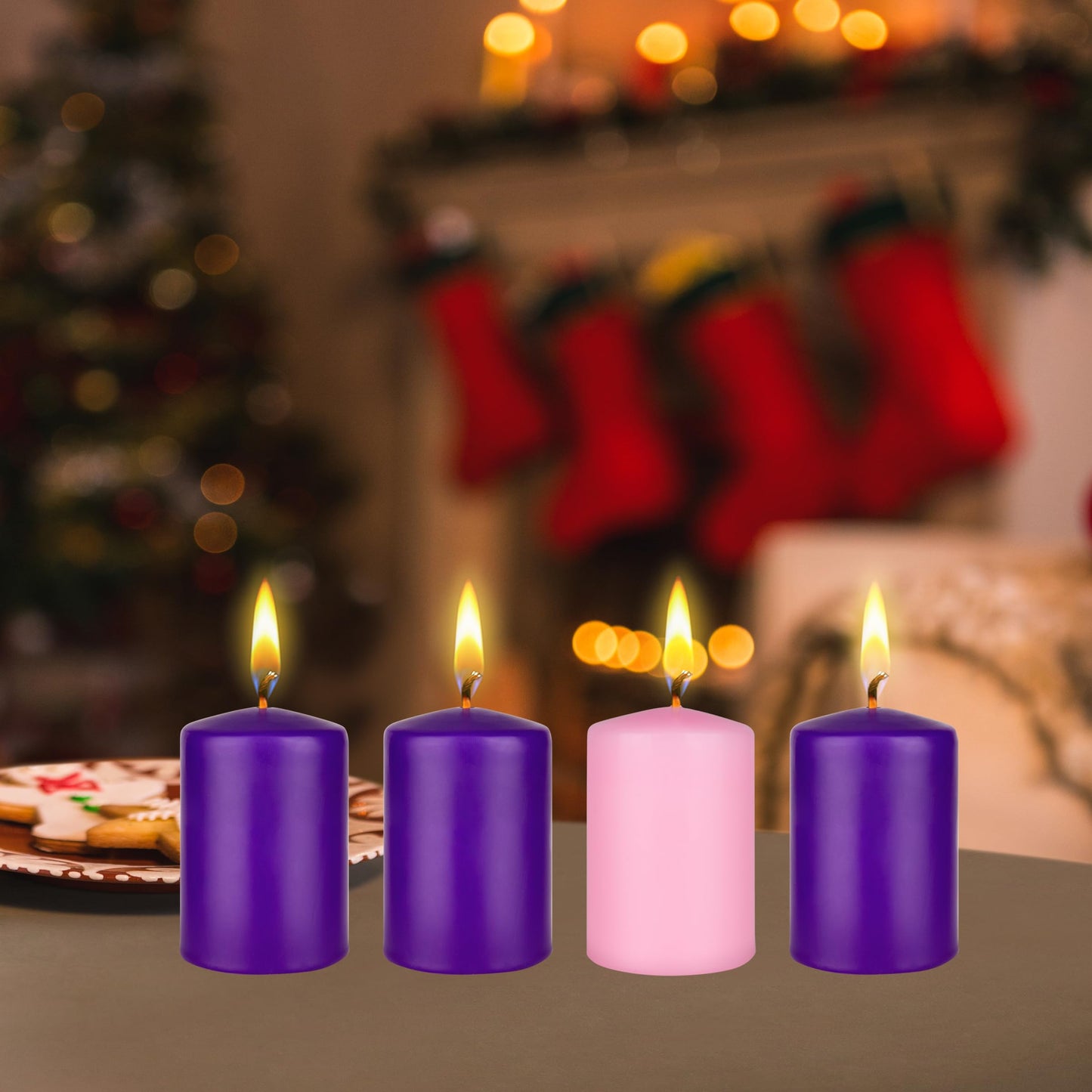 Mega Candles 4 pcs Unscented Christmas Advent Candles Set, Hand Poured Premium Wax Dome Top Round Pillar Candle 2 Inch x 3 Inch, Holidays, Festivities, Devotional, Church, Wreath, Party, Gifts