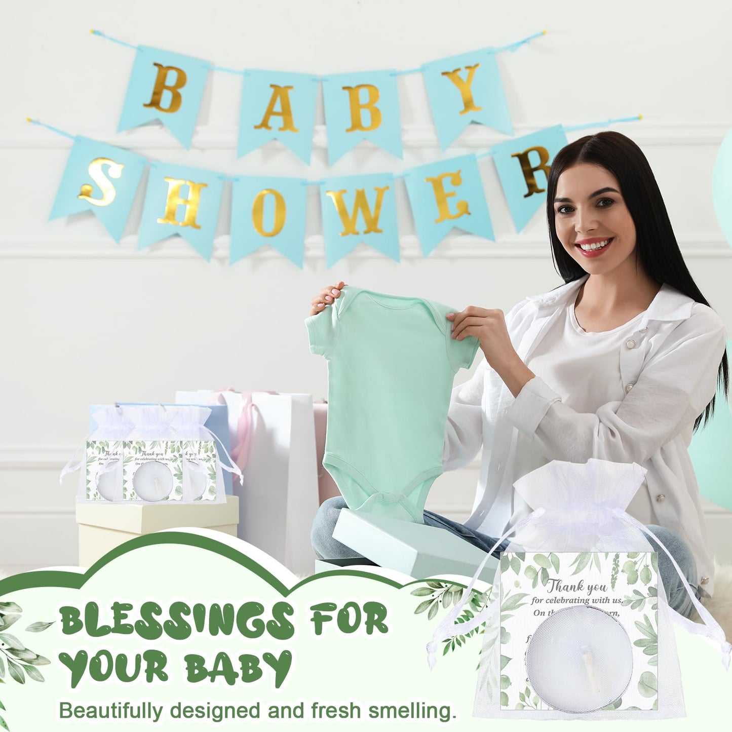 MTLEE 50 Sets Baby Shower Party Favors Candles Including 50 Pcs Tealight Candles Thank You Cards Baby Shower Bags for Guests Prizes Gender Reveal Party Decorations(White,Eucalyptus)