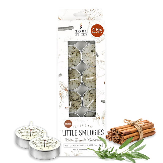 SOUL STICKS 12 Pack Little Smudgies Tealight Candles Smudge Candle for Cleansing House, Meditation, Chakra Healing | Made with Crystals and Herbs (White Sage & Cinnamon)
