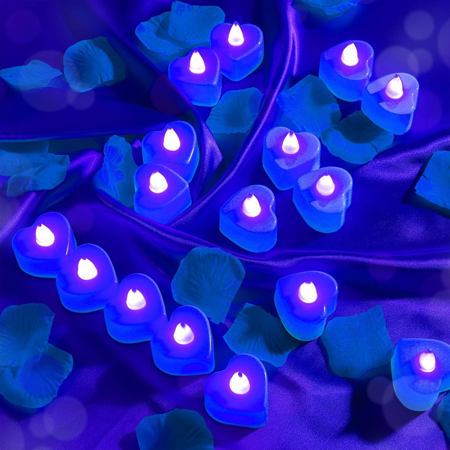 Coume 120 Pcs Romantic LED Heart-Shaped Candles with 6000 Rose Petals Set, Perfect for Weddings Anniversaries, Proposal, Date, Valentine's Day, Hotel, Battery-Operated, Reusable (Blue Light)
