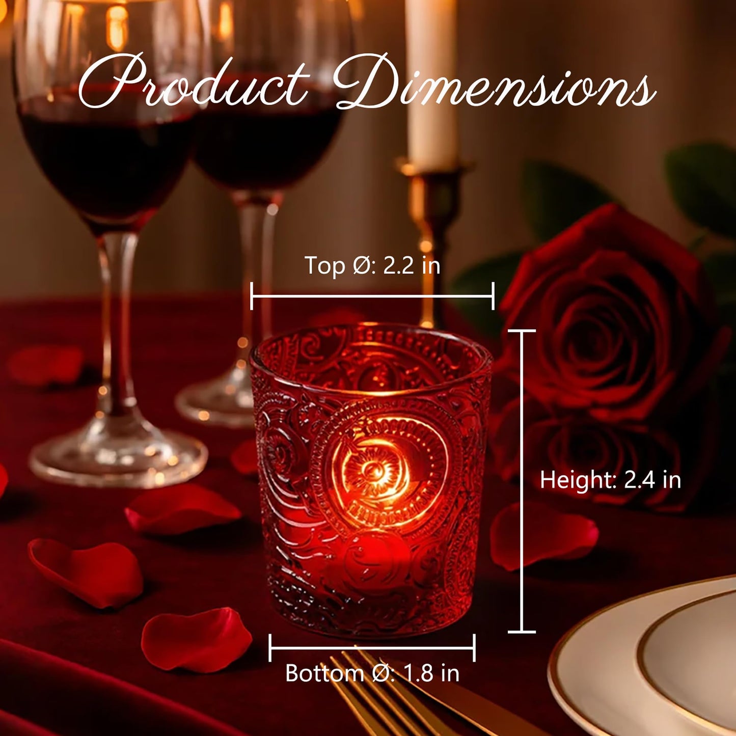 6 Pack Sun Moon Star Embossed Glass Tea Light Candle Holders - Votive Candle Holders for Wedding, Party, Home Decor, and Table Centerpieces (Ruby Red)